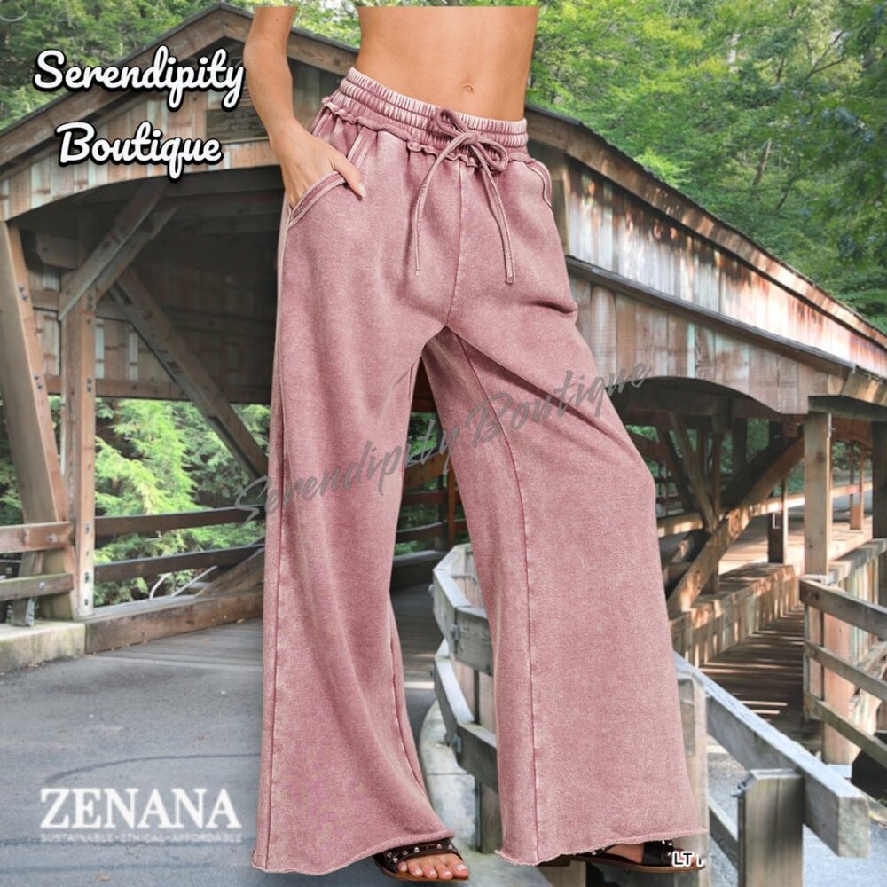 Zenana Comfy Mineral Wash Elastic High Waist Wide Leg Loose Fit Casual Pants